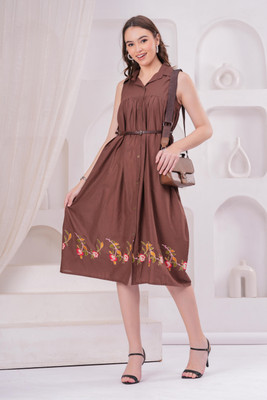 Highlight fashion export Women A-line Brown Below Knee Dress