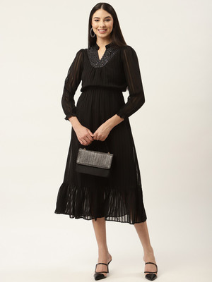 Moda Rapido Women Fit and Flare Black Midi/Calf Length Dress