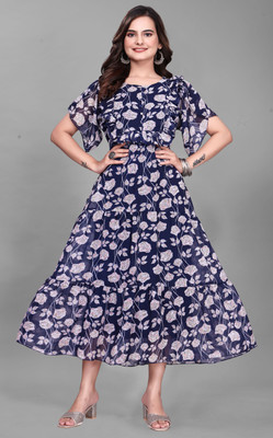 JYOTESTORE Women Fit and Flare Blue Maxi/Full Length Dress