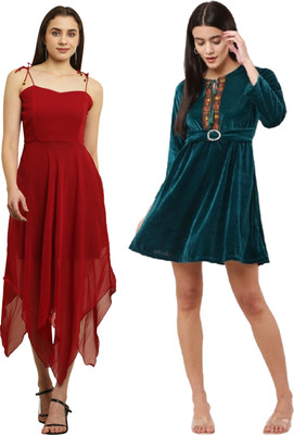 Hunoor Women Fit and Flare Red, Blue Midi/Calf Length Dress