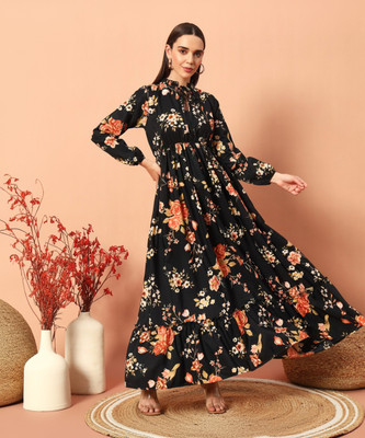Raiyani Enterprise Women Fit and Flare Black Maxi/Full Length Dress