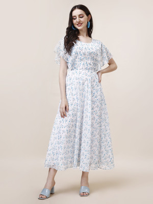 Fashion2wear Women Fit and Flare White, Blue, Grey Midi/Calf Length Dress