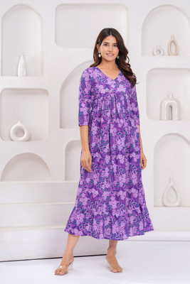 KANIW Women A-line Purple Below Knee Dress