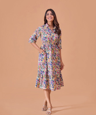 FashFun Women Fit and Flare Multicolor Midi/Calf Length Dress