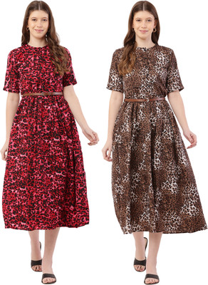 Miranga Women Fit and Flare Black, Beige Midi/Calf Length Dress