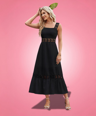 ZELZIS Women Fit and Flare Black Midi/Calf Length Dress