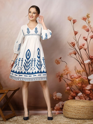 Stylum Women Fit and Flare Blue Above Knee/Mid Thigh Length Dress