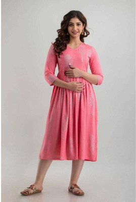 zoxfay Women Fit and Flare Pink Midi/Calf Length Dress