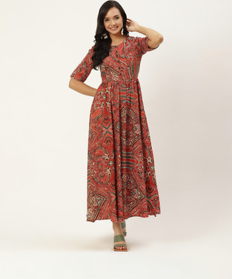 Deewa Women A-line Maroon, Green Midi/Calf Length Dress