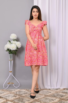 IQRAAR Women Fit and Flare Multicolor, Pink Above Knee/Mid Thigh Length Dress