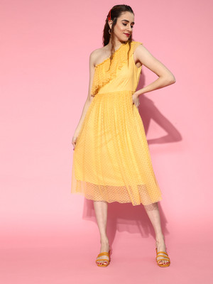 Mayffei Women Fit and Flare Yellow Midi/Calf Length Dress