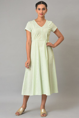 Aurelia Women A-line Light Green, White Midi/Calf Length Dress