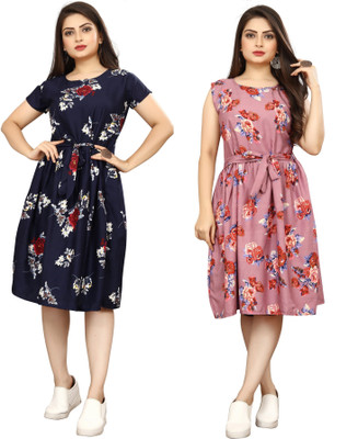 HouseOfCommon Women A-line Blue, Black Knee Length Dress