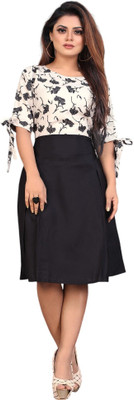 VARUDI Women A-line Beige Knee Length Dress