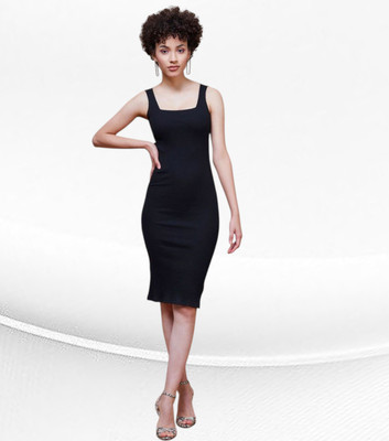 Osmafashions Women Bodycon Black Above Knee/Mid Thigh Length Dress