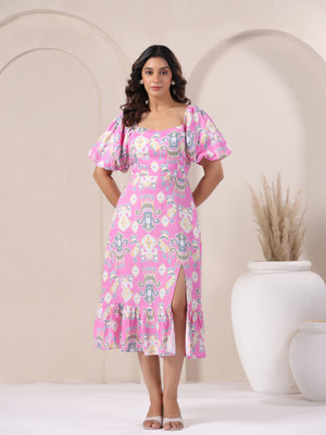 Vyom Tara Women Fit and Flare Pink Midi/Calf Length Dress