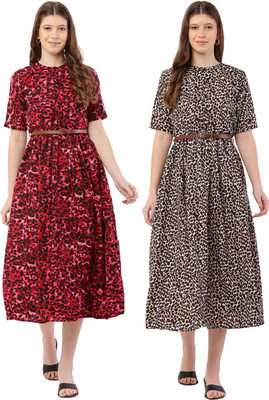 Miranga Women Fit and Flare Black, Beige Below Knee Dress