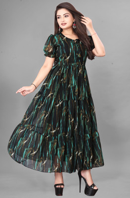 Parth Creation Women Fit and Flare Dark Green Midi/Calf Length Dress