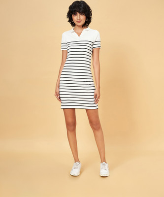 PEOPLE Women Fit and Flare White, Black Above Knee/Mid Thigh Length Dress