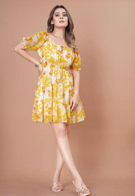 KAVATHIYA Women Fit and Flare Yellow Above Knee/Mid Thigh Length Dress