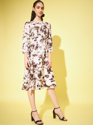 Moda Rapido Women A-line Brown, White Below Knee Dress