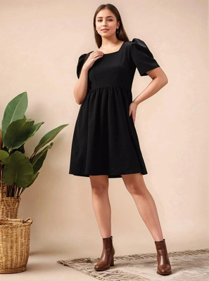 Dwarros Women Fit and Flare Black Above Knee/Mid Thigh Length Dress