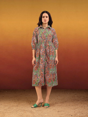 PURVAJA Women Fit and Flare Multicolor Midi/Calf Length Dress