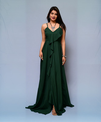 diyaz Women Fit and Flare Dark Green Maxi/Full Length Dress