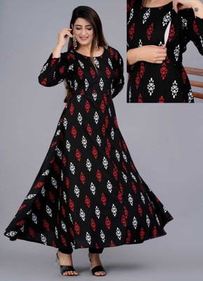 Hegza Women Fit and Flare Black, White, Red Ankle Length Dress