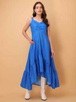 PURVAJA Women Fit and Flare Blue Midi/Calf Length Dress