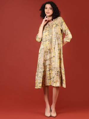 V-MART Women A-line Green Midi/Calf Length Dress