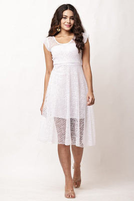 Stylespot Women A-line White Knee Length Dress
