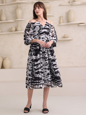 PURVAJA Women Fit and Flare Black Midi/Calf Length Dress