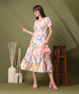 Wordope Women Fit and Flare White, Yellow Midi/Calf Length Dress