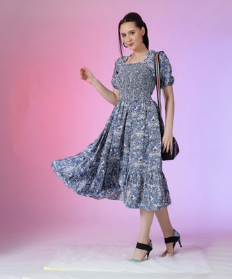 Jash Creation Women Fit and Flare Blue Midi/Calf Length Dress