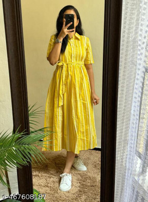 Assamica Women Fit and Flare Yellow Midi/Calf Length Dress