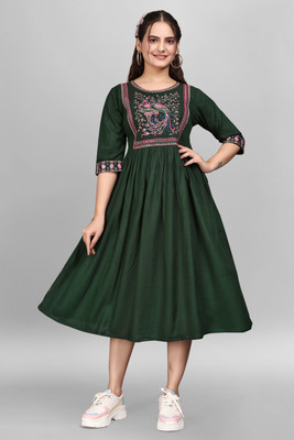ShopGlobal Women Fit and Flare Green Below Knee Dress