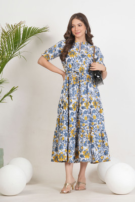 TEESHA Women Fit and Flare White, Grey Below Knee Dress