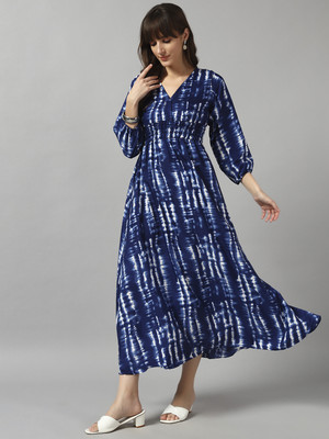 Jash Creation Women Fit and Flare Blue Midi/Calf Length Dress