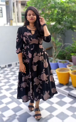 Ethniclook Women Fit and Flare Black Midi/Calf Length Dress