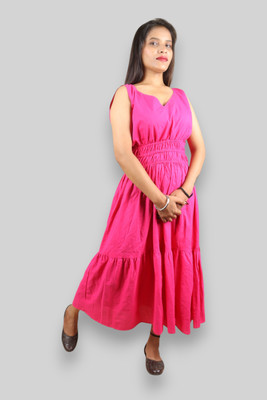 fabiura Women Fit and Flare Pink Midi/Calf Length Dress