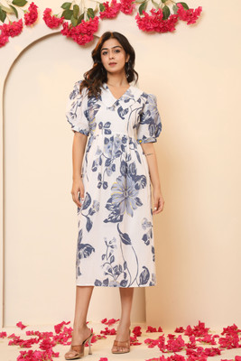 Jaipuri Bunaai Women A-line Grey Midi/Calf Length Dress