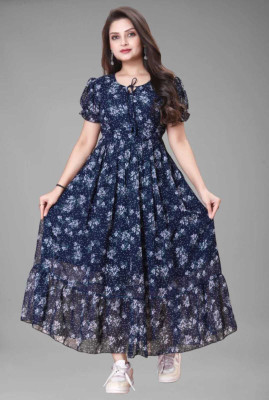HEET TEX Women Pleated Blue Maxi/Full Length Dress