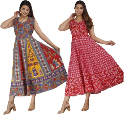 Namokar Enterprises Women Fit and Flare Multicolor Midi/Calf Length Dress