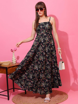 Sheetal Associates Women Fit and Flare Black, Multicolor Maxi/Full Length Dress