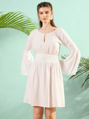 KASSUALLY Women Fit and Flare White Above Knee/Mid Thigh Length Dress