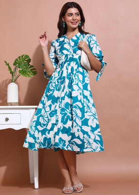 DEHITAFASHION Women Fit and Flare Blue Midi/Calf Length Dress