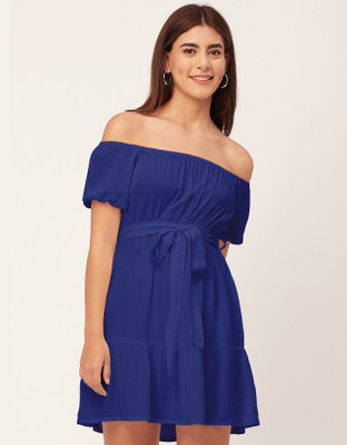 moomaya Women Gathered Dark Blue Above Knee/Mid Thigh Length Dress