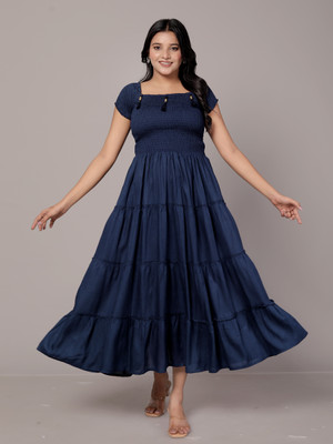 PRANJAL ENTERPRISES Women Fit and Flare Dark Blue Maxi/Full Length Dress