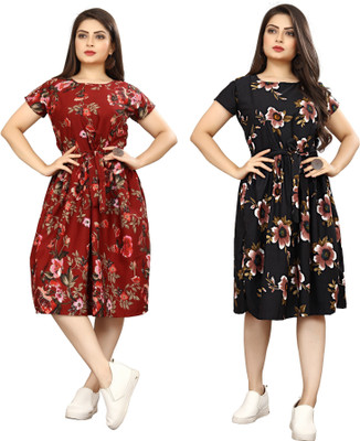 HouseOfCommon Women Fit and Flare Black Below Knee Dress